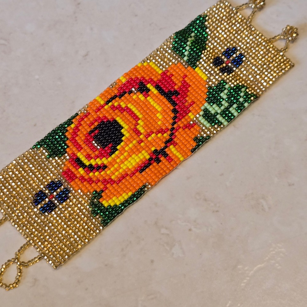 Handmade Beaded Floral Cuff Bracelet Gold Orange Rose Loom Woven Boho Statement - Picture 3 of 3